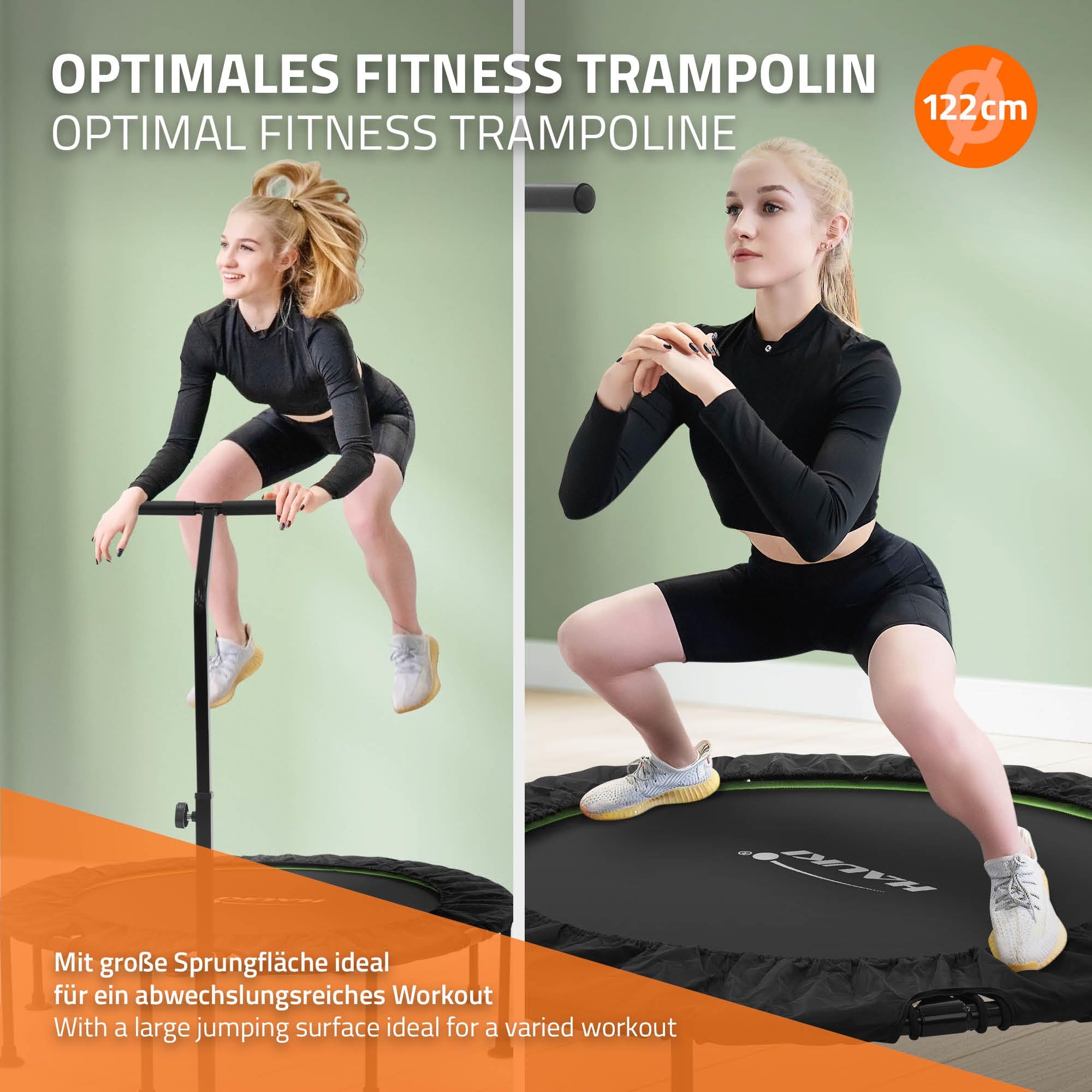 Hauki Trampolino Fitness Indoor con Maniglia Ø102cm/Ø122cm, Regolabile in Altezza, Capacita 150 kg Tappeto Elastico Silenzioso per Adulti, Mini Trampolino con Bungee, Rebounder per Esercizi a Scelta
