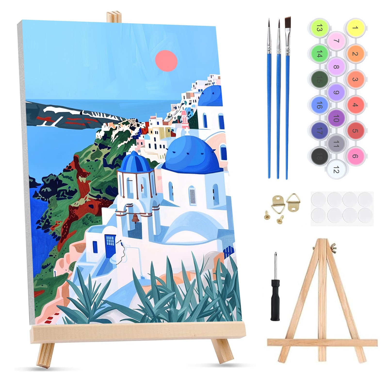 QENSPE Paint by Numbers for Adults on Framed Canvas - with Wooden Easel, Santorini Painting by Number Kit for Beginners, DIY Greece Acrylic Oil Painting for Home Wall Decor 8x12 Inch