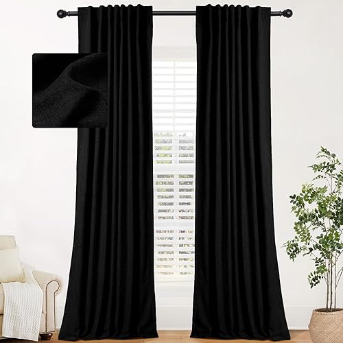INOVADAY Cortinas opacas 100% negras de 96 pulgadas de largo, juego de 2 paneles de cortinas opacas de lino con pestaña trasera y bolsillo para