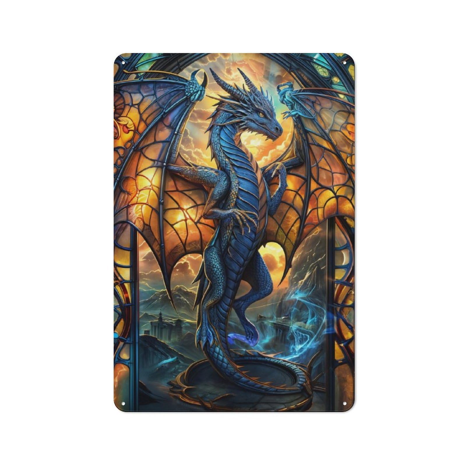 Junmoney Azure Stained Dragon Vintage Metal Plaque 30X20cm Featuring For Garage Wall, For People Furnishing A Garage