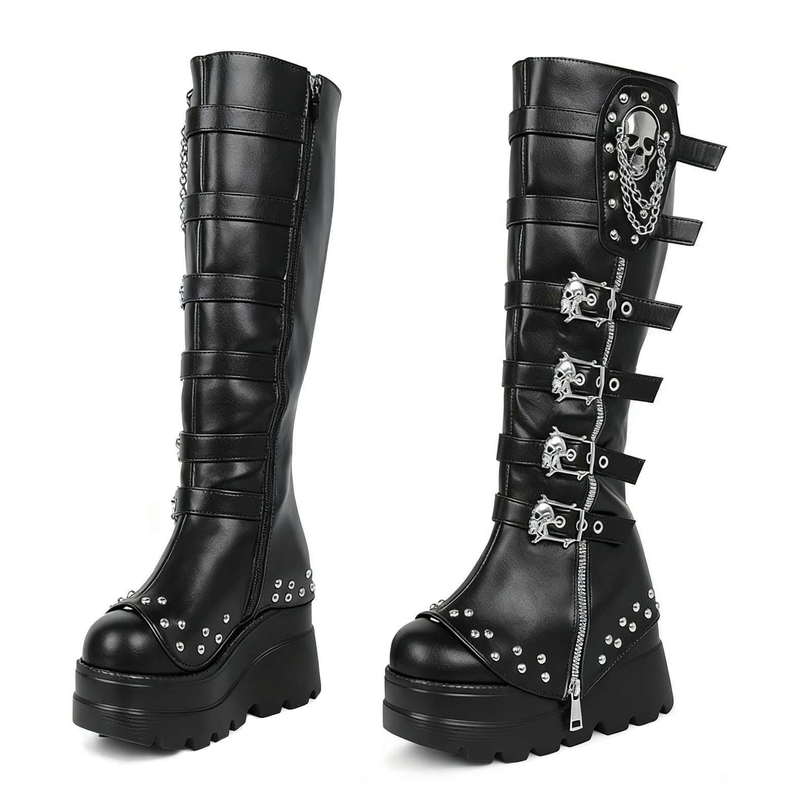 High Knee Boots for Women Wedge Platform Goth Boots Round-Toe Zip Rave Shoe Mid Calf Combat Booties
