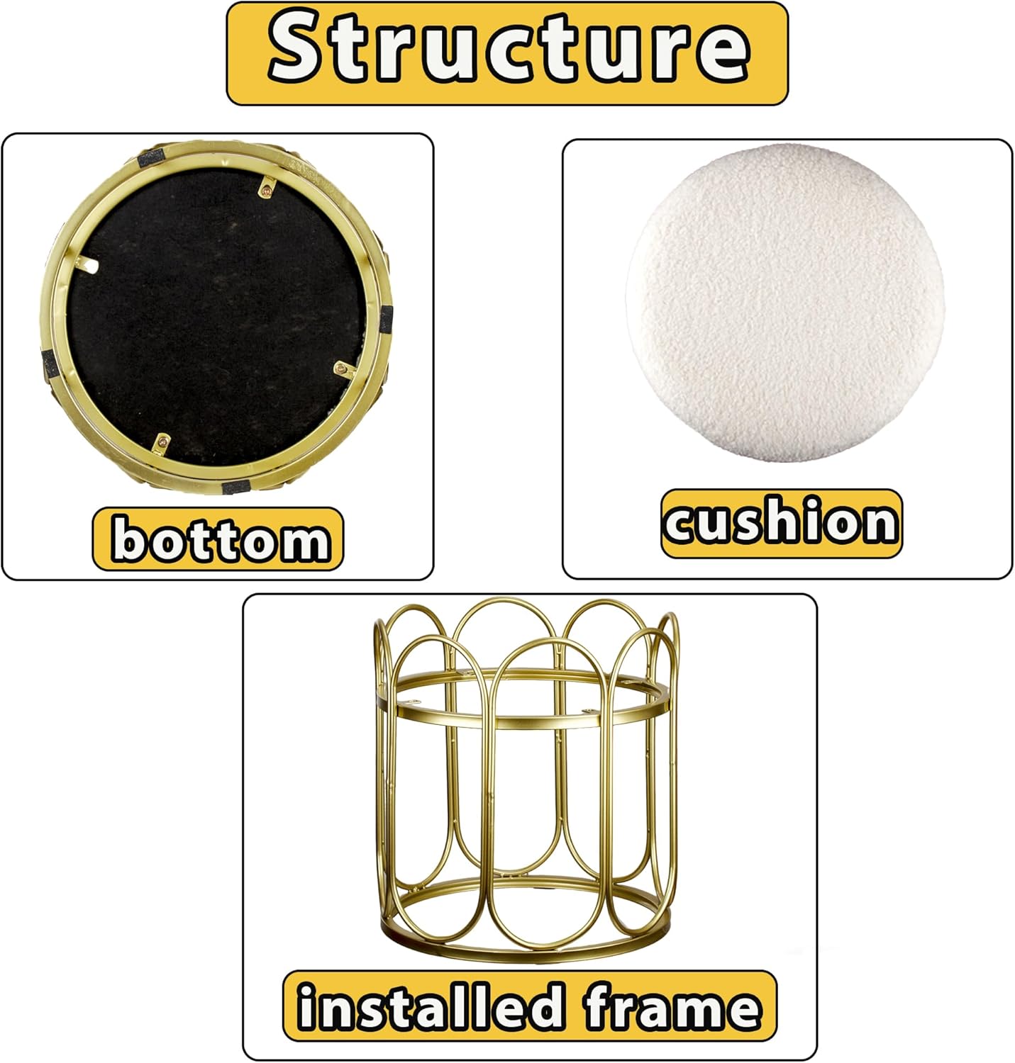 Already Installed Modern Gold metal Round Vanity Stool - White Sherpa Ottoman & Gold Frame Pouf, 17.7" Boucle Fuzzy Foot Rest for Bedroom Makeup, Small Plush Mid Century Chair (300lbs Capacity)