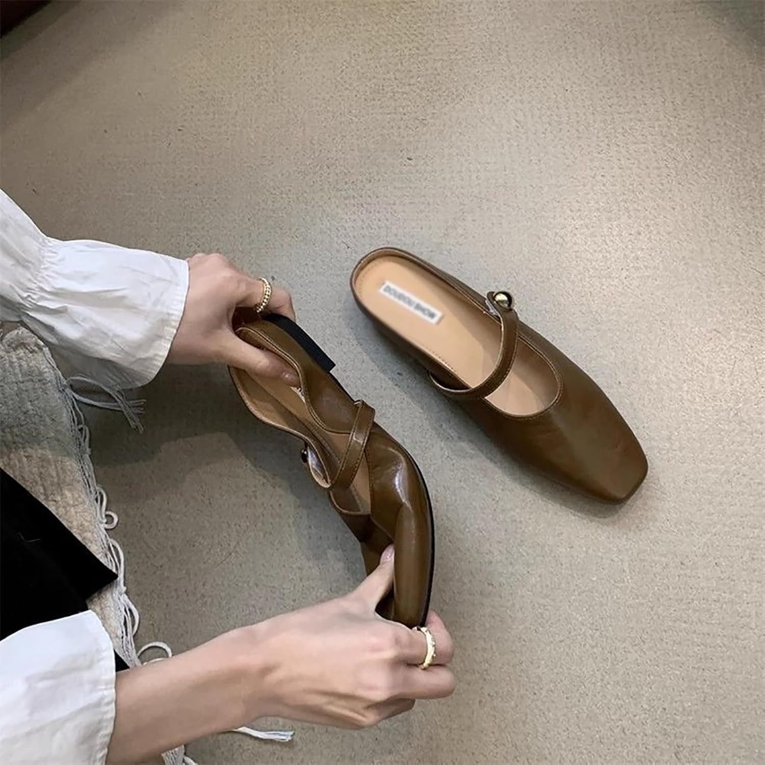 Women's Leather Pearl Closed Toe Mary Jane Flat Mules Fashion Square Toe Soft Sole Comfortable Slip on Backless Flats Casual Office Dressy Sandals Walking Shoes Mules - Image 2