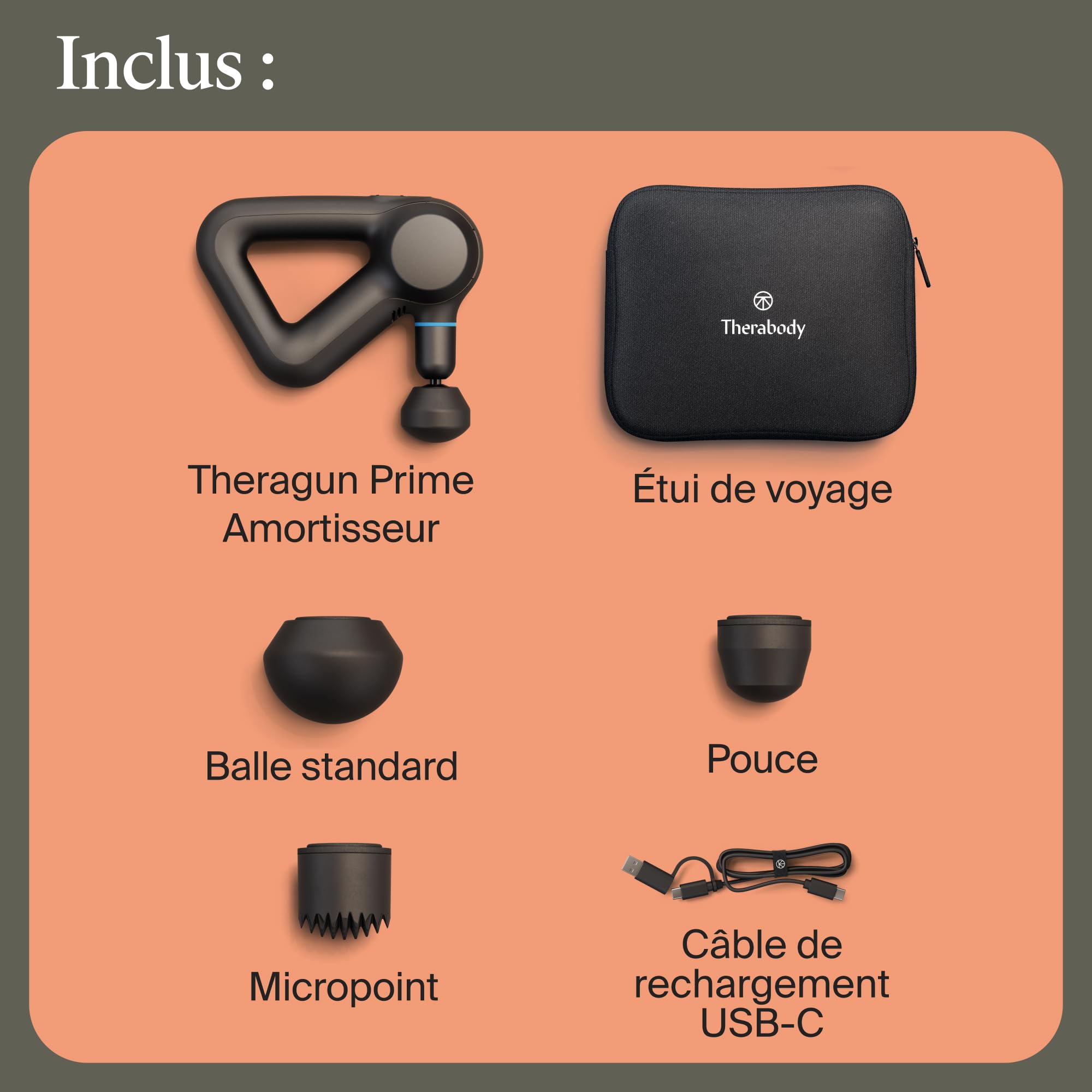 Theragun Prime Percussion Pistolet de massage portable Soulagement des douleurs du cou et du dos des tissus profonds, masseur électrique portatif, chargement Bluetooth et USB-C, 5e génération