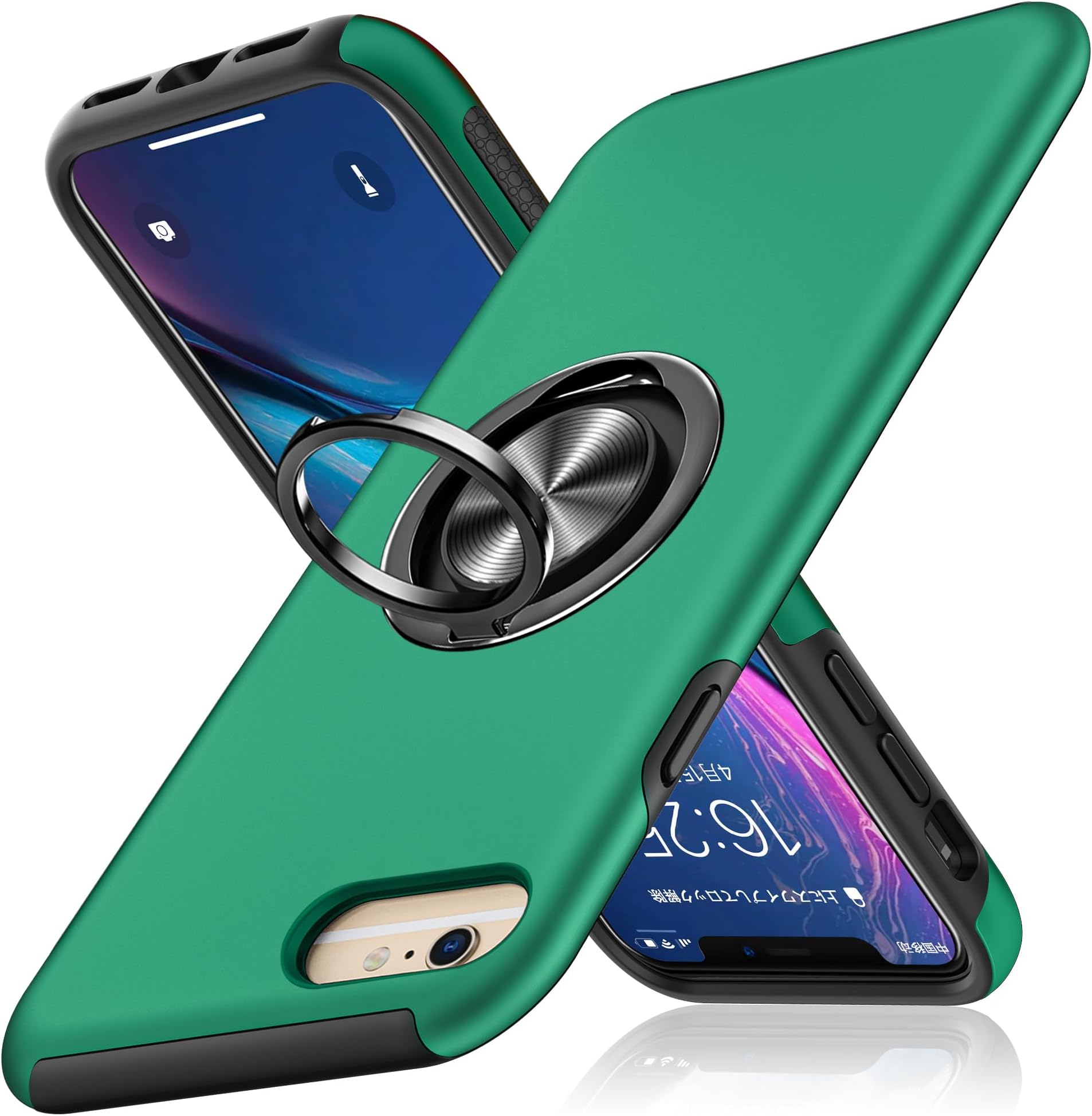 iPhone 6 Plus用ケース iPhone 6s Plus用 ケース リング付き 耐衝撃 保護カバー 衝撃吸収 tpu 薄型 擦り傷防止 薄型 シリコン スタンド機能 車載ホルダー対応 二重構造 PC バンパー iPhone 6/6s Plus スマホケース 米軍MIL規格 全面保護 360°回転 おしゃれ 人気 携帯カバー （グリーン）Q44-YSZH-6P-LV