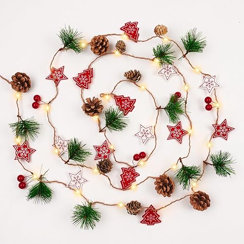 Miniatura 7 de Decoración de Navidad - Guirnalda de Navidad con luces, 6.5 pies, 20 luces LED, guirnalda de Navidad con bayas rojas ahumadas, conos de pino
