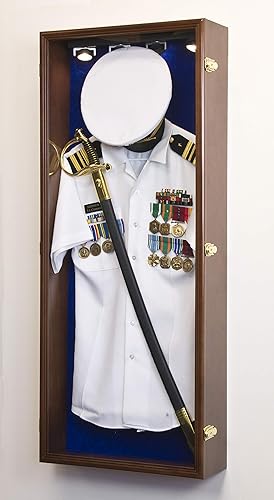 Miniatura 8 de Caja de sombra militar, marco de pared para gabinete de medallas de espada, con cerradura (acabado negro + luz LED, fondo de fieltro negro)