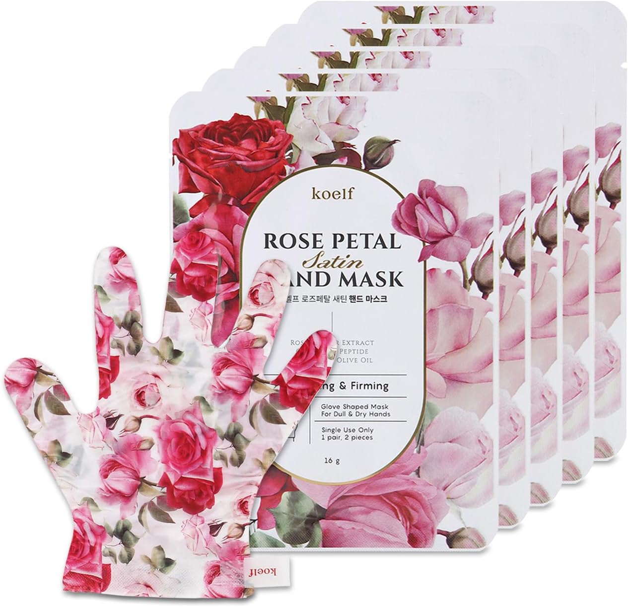Koelf PETITFEE Rose Petal Satin Hand Mask (5pairs) - Intensive Nourishing, Moisturizing Gloves, Rose Scented Hand Repair Masks with Peptide, Collagen, Shea Butter for Silky Smooth Hand Treatment