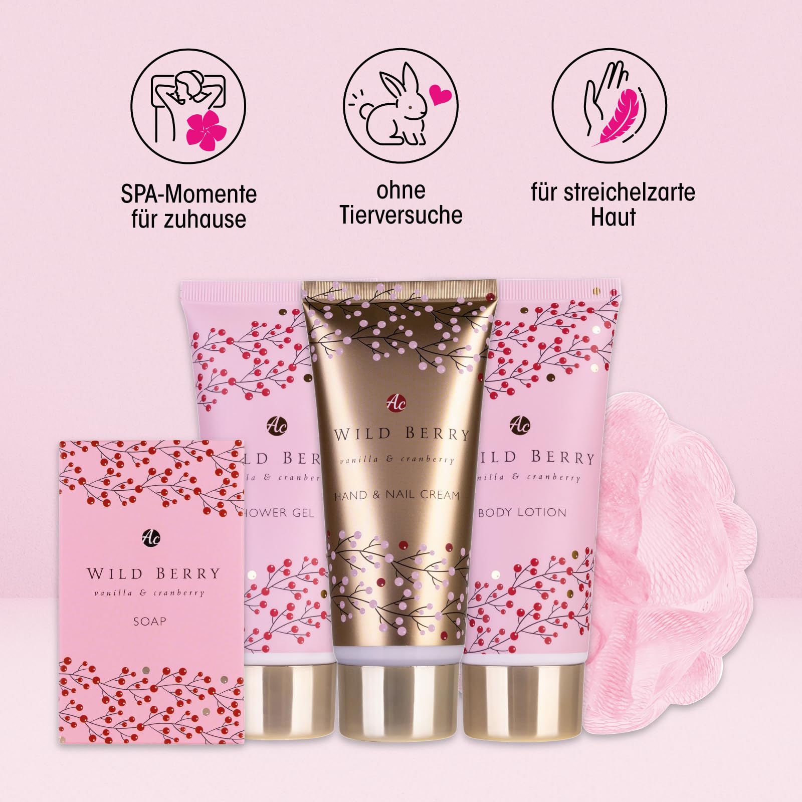 Accentra - Zestaw prysznicowy Zestaw upominkowy dla kobiet WILD BERRY w pięknej klatce dla ptaków, 5-częściowy zestaw do kąpieli, prezent z żelem pod prysznic, balsamem do ciała, mydłem, kremem do rąk