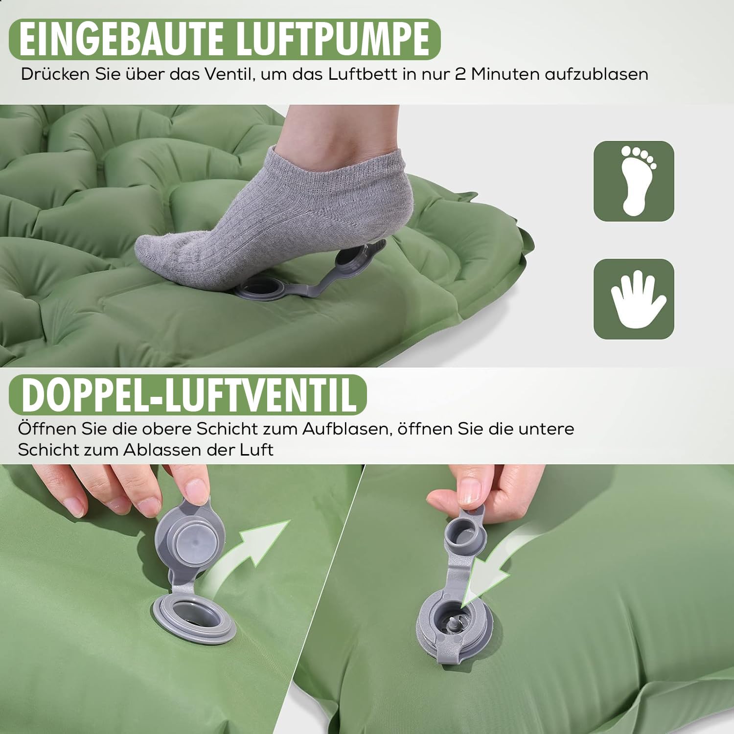 Produktbild von Luftmatratze Selbstaufblasend Yissvic Isomatte Camping Selbstaufblasbare Luftmatratze Mit Eingebauter Pumpe Verdickte Schlafmatte Outdoor Mit Kissen Für Wandern Reisen Armee Grün Luftmatratze Camping