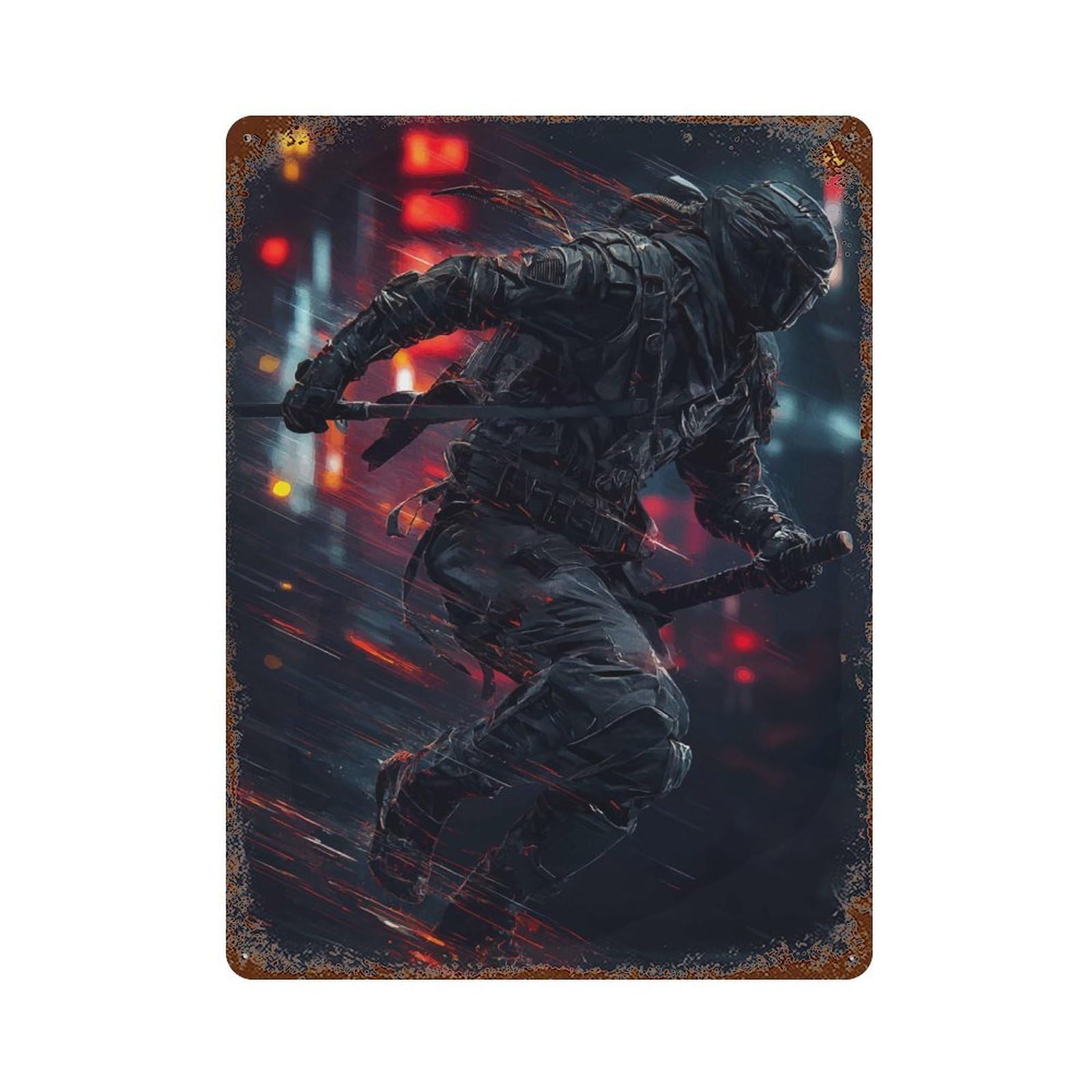 Ninja in Motion Rusty Metal Tin Sign 15.7"x11.8", for Farmhouse, Kitchen And Entryway Decor, Rustic Home Decor
