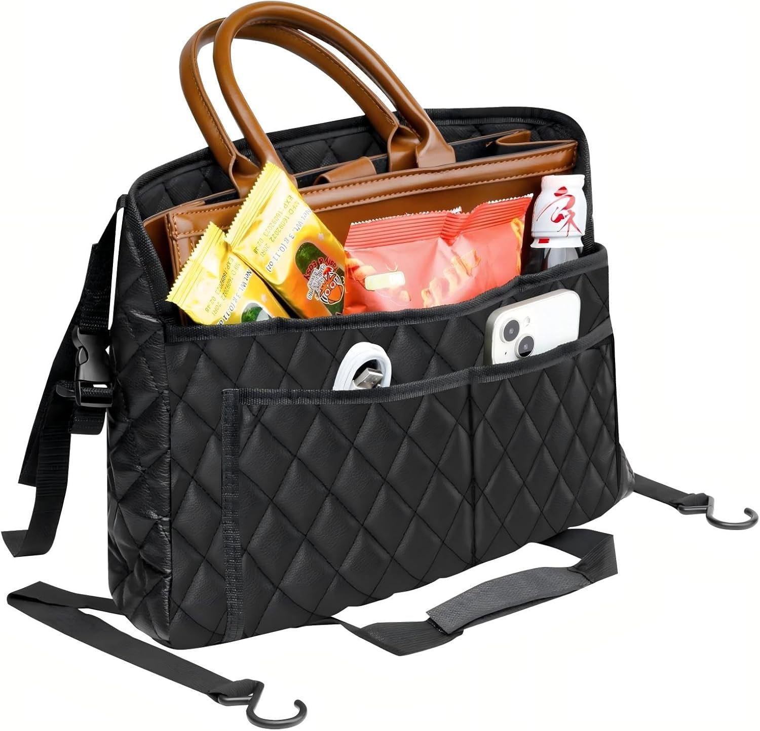 Car Net Pocket Handbag Holder，Purse Holder for Between Seats，Leather Seat Back Organizer Mesh Large Capacity Bag，Handbag Between The Two Seats
