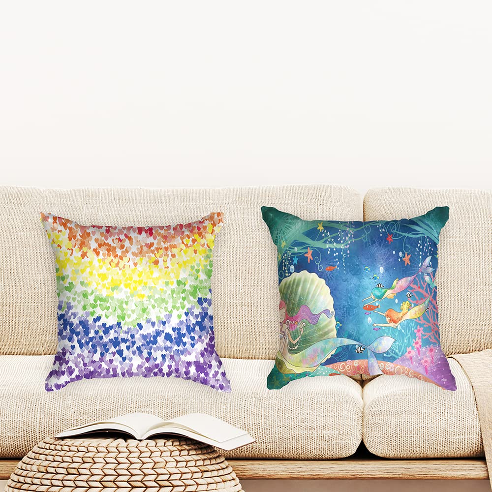Ulticool, Cushion Cover, Rainbow Hearts Mermaid, Set of 2 Designs, 45 cm x 45 cm, Decorative Cushion without Filling