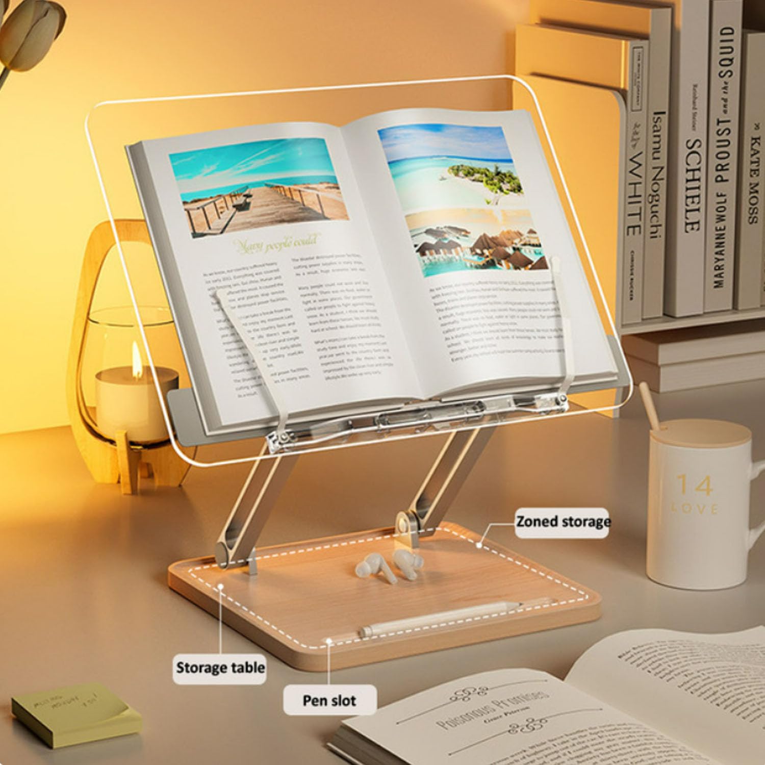 Soporte de Madera para Libros Tablero Acrílico Transparente Reposa Lectura Soporte para Tableta Soporte para Portátil Estantería de Escritorio con Clips de Página