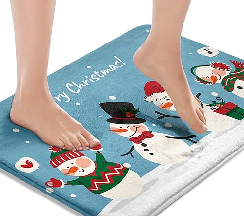 Miniatura 4 de Britimes Tapetes de baño para baño, diseño de muñeco de nieve de Navidad, color azul, lavable, tapete para decoración de baño, 16 x 24 pulgadas,