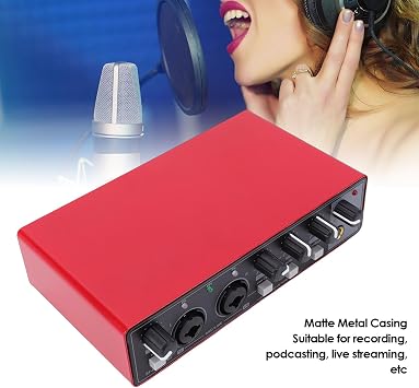 USB C Audio Interface for PC, 24bit/192kHz, 48V Power, Dual TS/XLR Input, for Podcast, Guitar, Recording Music, Live Streaming (Red)
