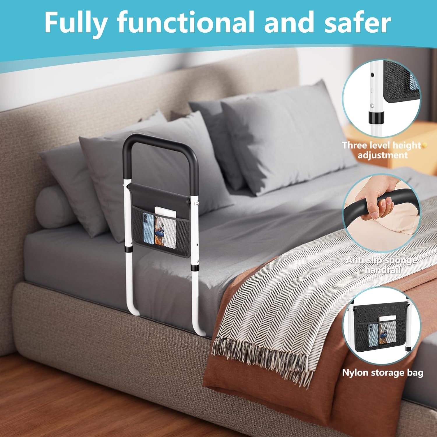 Hopelight Adjustable Bed Rail Support Handle with Storage Pouch, White and Black, Height Assist Safety Guard, Adjustable Bed Assist Rails for Seniors & Patients - Fits All Beds, Tool-Free Assembly