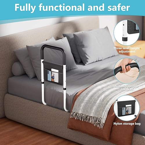 Miniatura 3 de Hopelight Asa de soporte de riel de cama ajustable con bolsa de almacenamiento, blanco y negro, protector de seguridad de asistencia de altura,