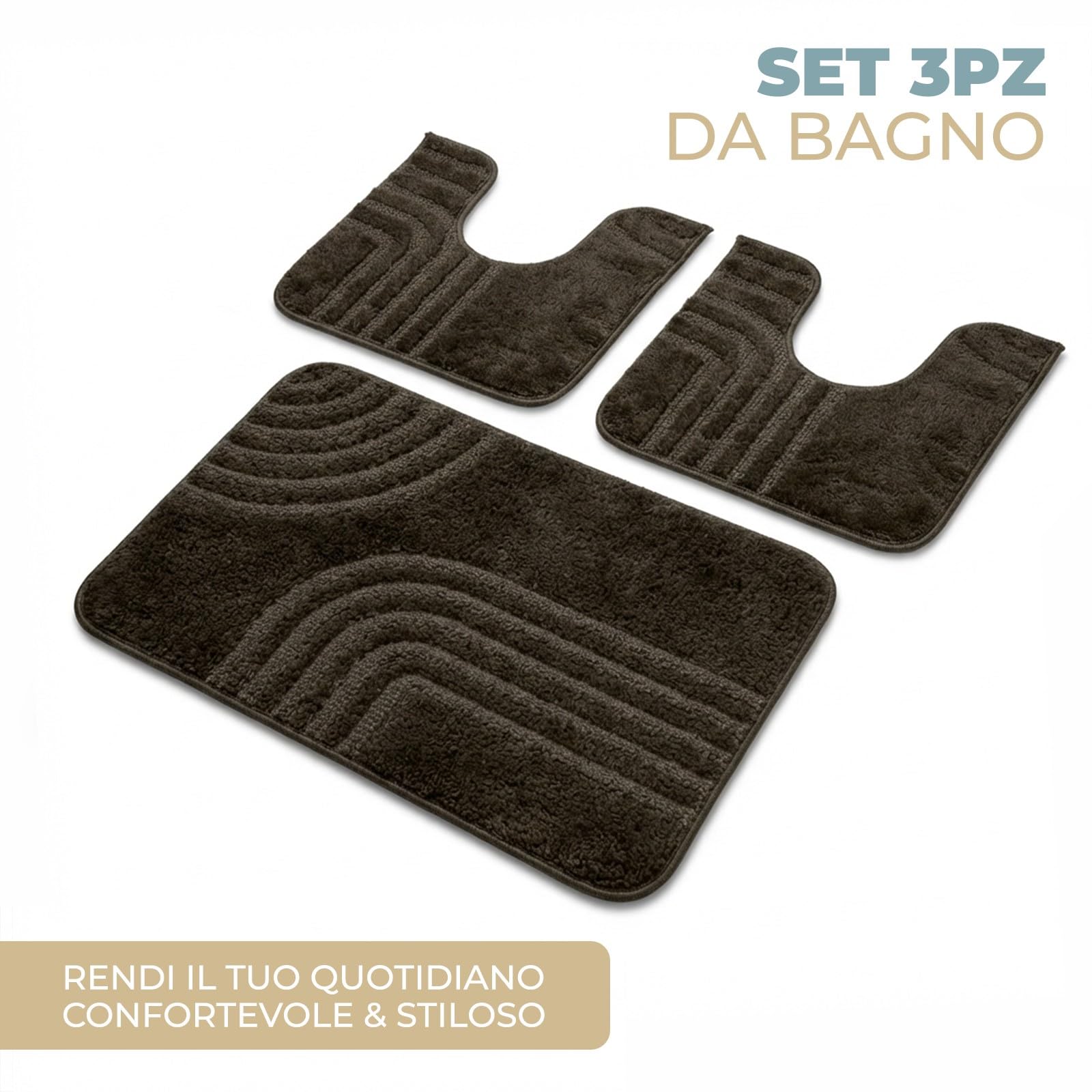 PARAMAISON Set Tappeti Bagno 3 Pezzi Antiscivolo in Polipropilene, 2 Tappeti WC 37,5x45 + 1 Tappetino 45x75 cm, Morbidi e Resistenti, Facili da Pulire, Made in Italy | Marrone