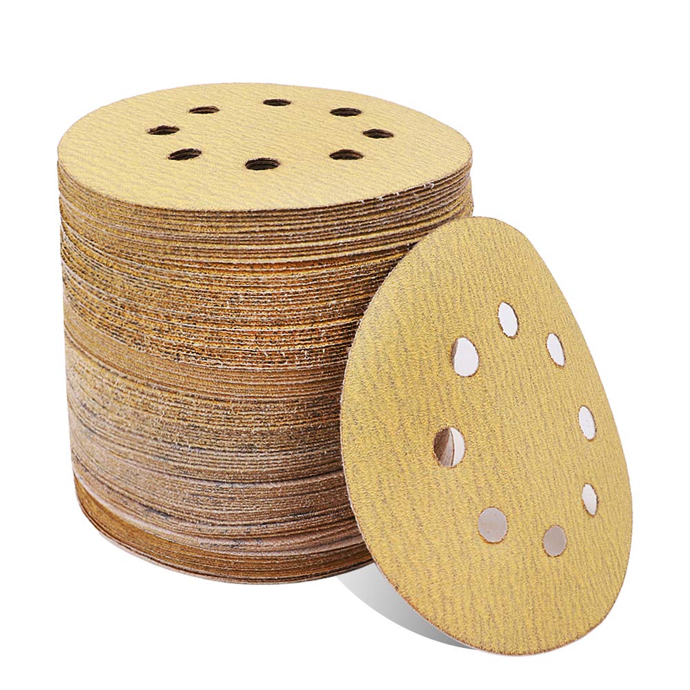 Coceca 100pcs 5 Inches 8 Hole Hook and Loop Sanding Discs, 20pcs Each 60 80 120 150 220 Grits Sandpaper, fit for Random Orbit Sander, Random Orbital Sander