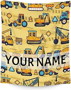 Personalized Construction Truck Blanket Gifts with Name - 50x60 Inches Funny Throw Blanket for Boys & Kids - Yellow Soft Fuzzy Excavator Blankets for Bed, Couch & Living Room