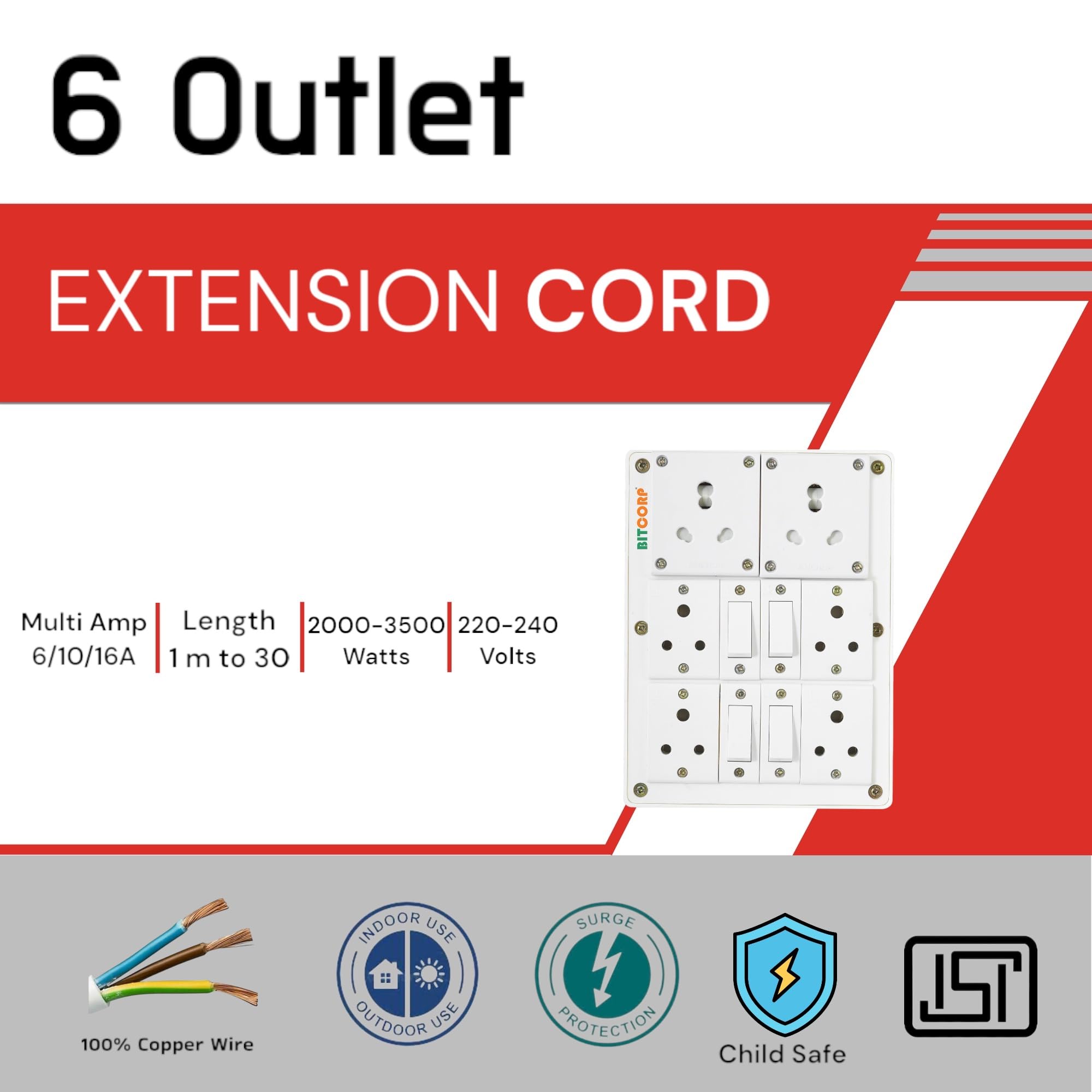 BITCORP Power Extension Board - 6 Socket 4 Switch -2 BITCORP Power Extension Board - 6 Socket 4 Switch -2