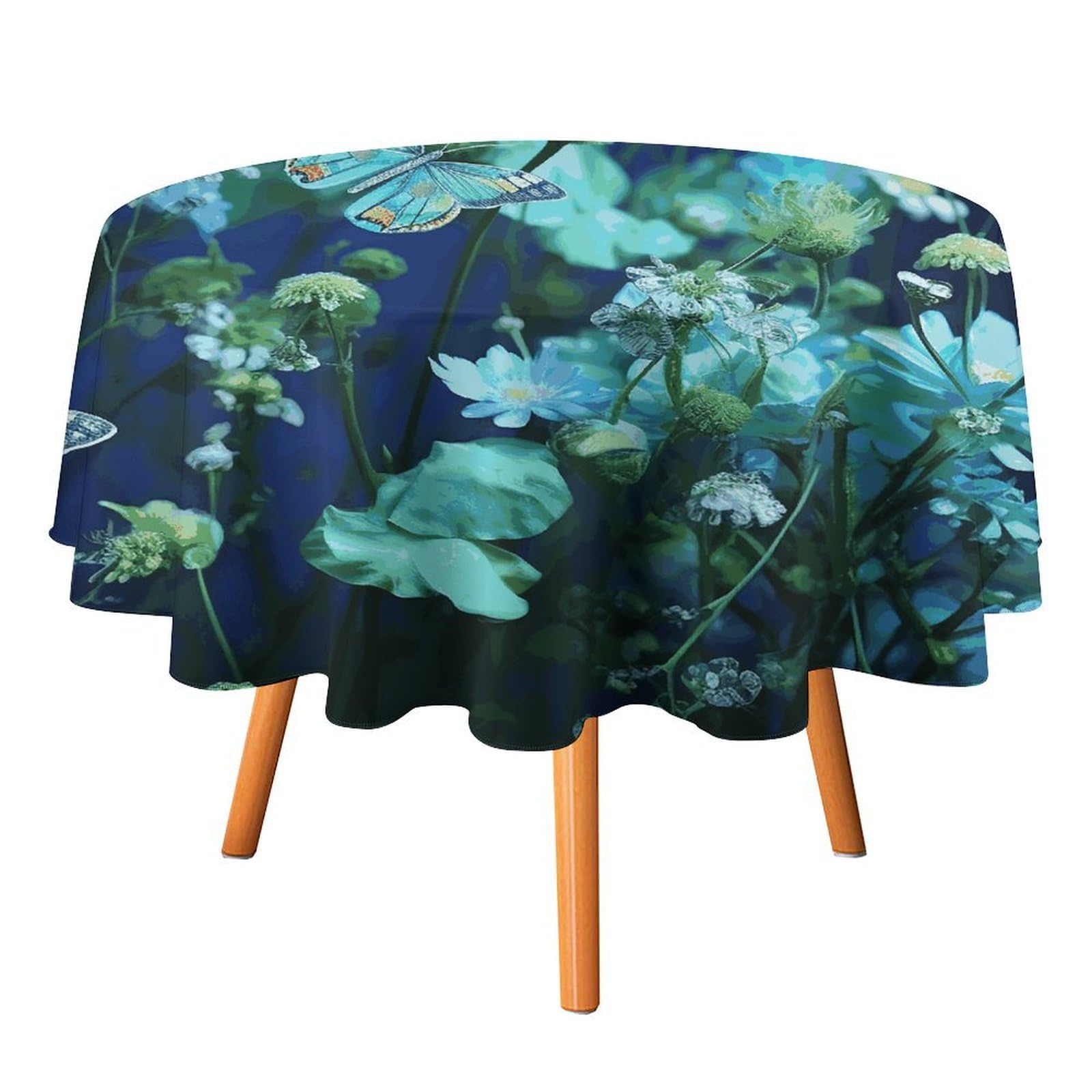 Fekiloot Style Green Butterfly And Blue Flowers Round Tablecloth - Heavy Duty And Washable,Polyester Decorative Fabric Table Cover,Tablecloths For Kitchen Dining, Wedding, Birthday Party60x60in