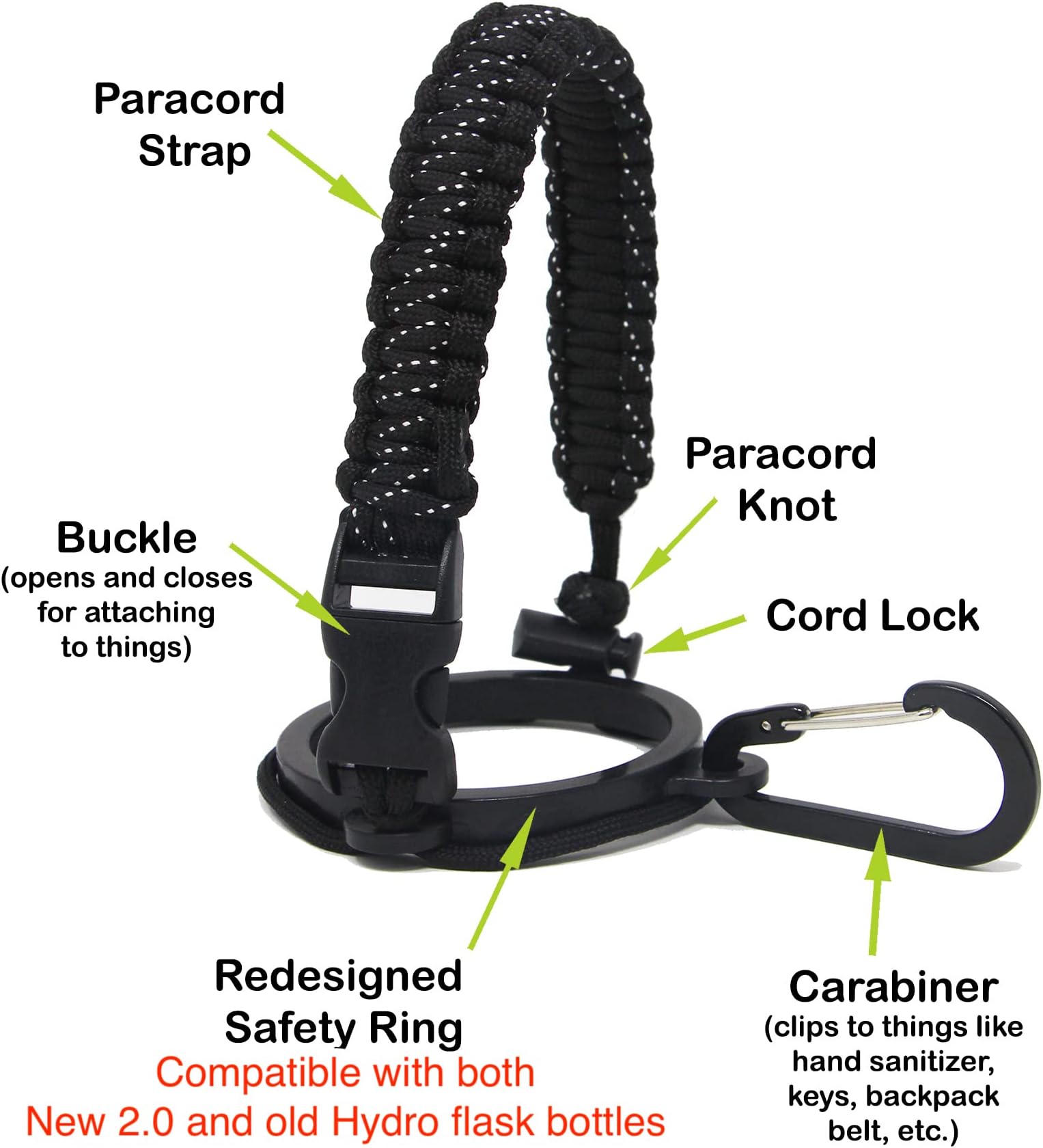 One MissionX Paracord Handle for Hydro Flask Wide Mouth Water Bottles - Fits 12oz to 64oz - Durable Strap Carrier, Carabiner, Secure Holder Accessories