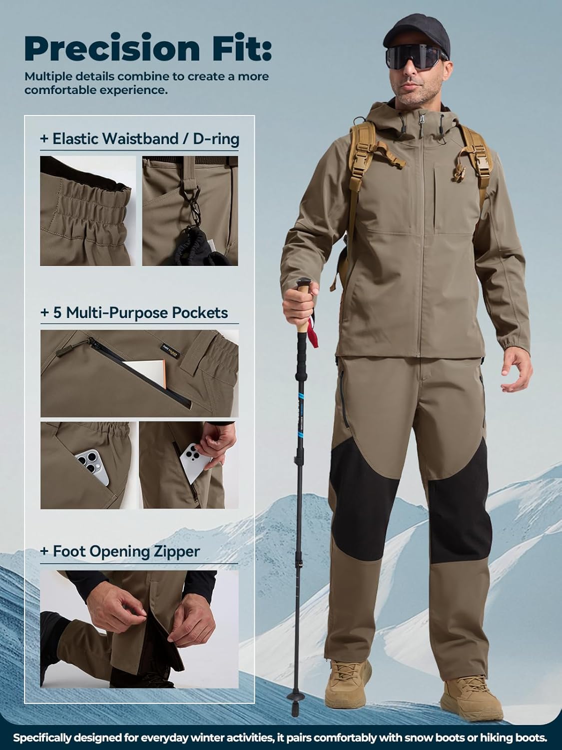 FREE SOLDIER Men's Waterproof Ski Pants Winter Thermal Insulated Snow Ski Pants with Zipper Pockets - Image 5