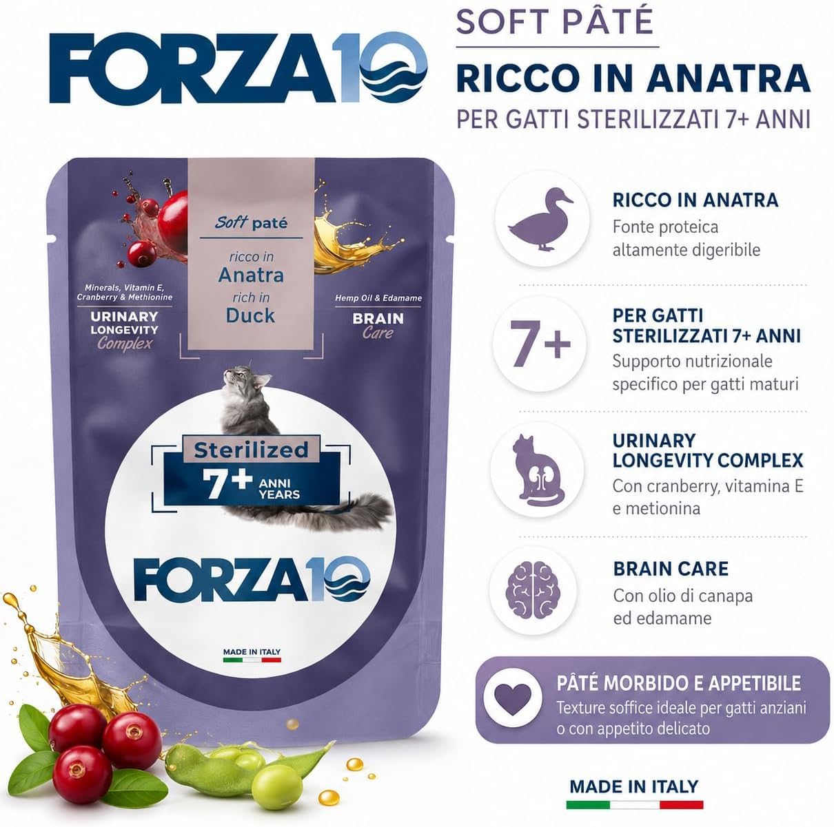 Soft Patè Gatto Anatra 7 anni sterilized– Forza10 Cibo Umido per Gatti Anziani sterilizzati di tutte le Taglie e Razze,Monoproteico,24 Bustine x 80g, Alimento Completo.