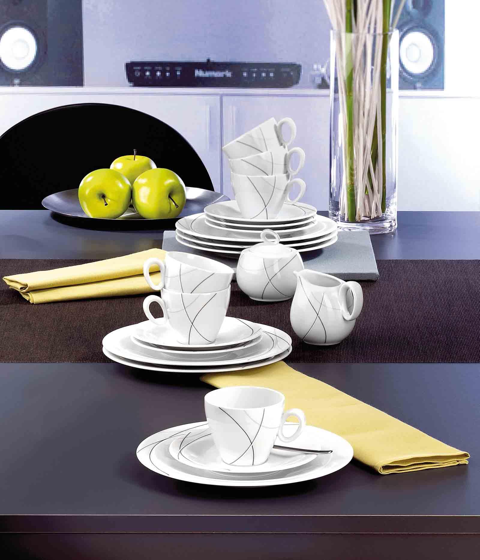 Seltmann Weiden Trio Highline Brotteller 6er Set, 20 cm, Kleine Beilagenteller mit schwarz-grauen Linien, Spülmaschinen- und Mikrowellenfest, Porzellan, Weiß