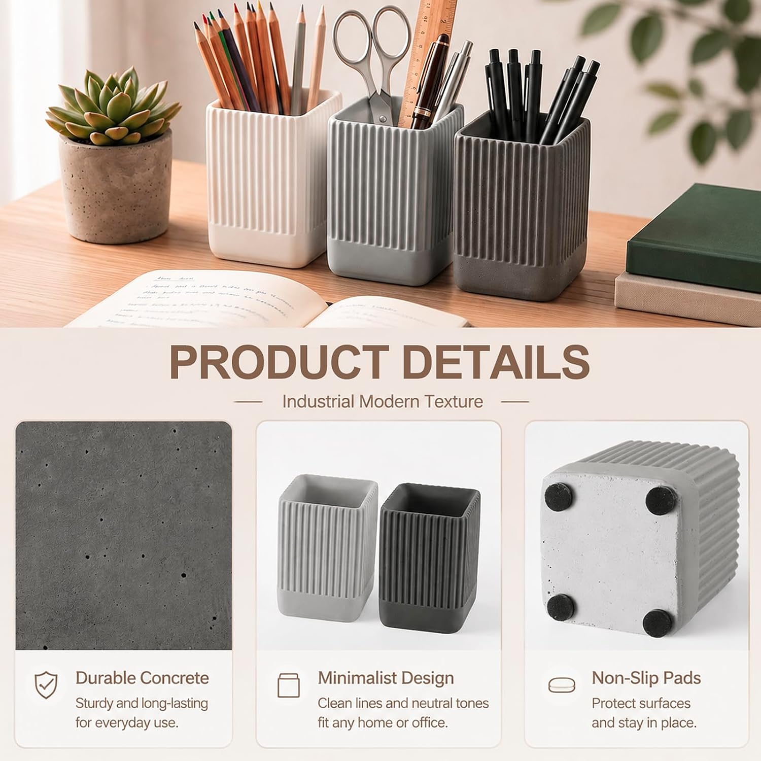 Henoyso 3 Pcs Concrete Pen Holder for Desk Modern Aesthetic Desktop Pencil Cup with Non-slip Dots Gray-tone Pencil Holder for Desk Organizer Office Decor Supplies (Fluted,2.76 × 2.76 × 3.74 Inches) image 3