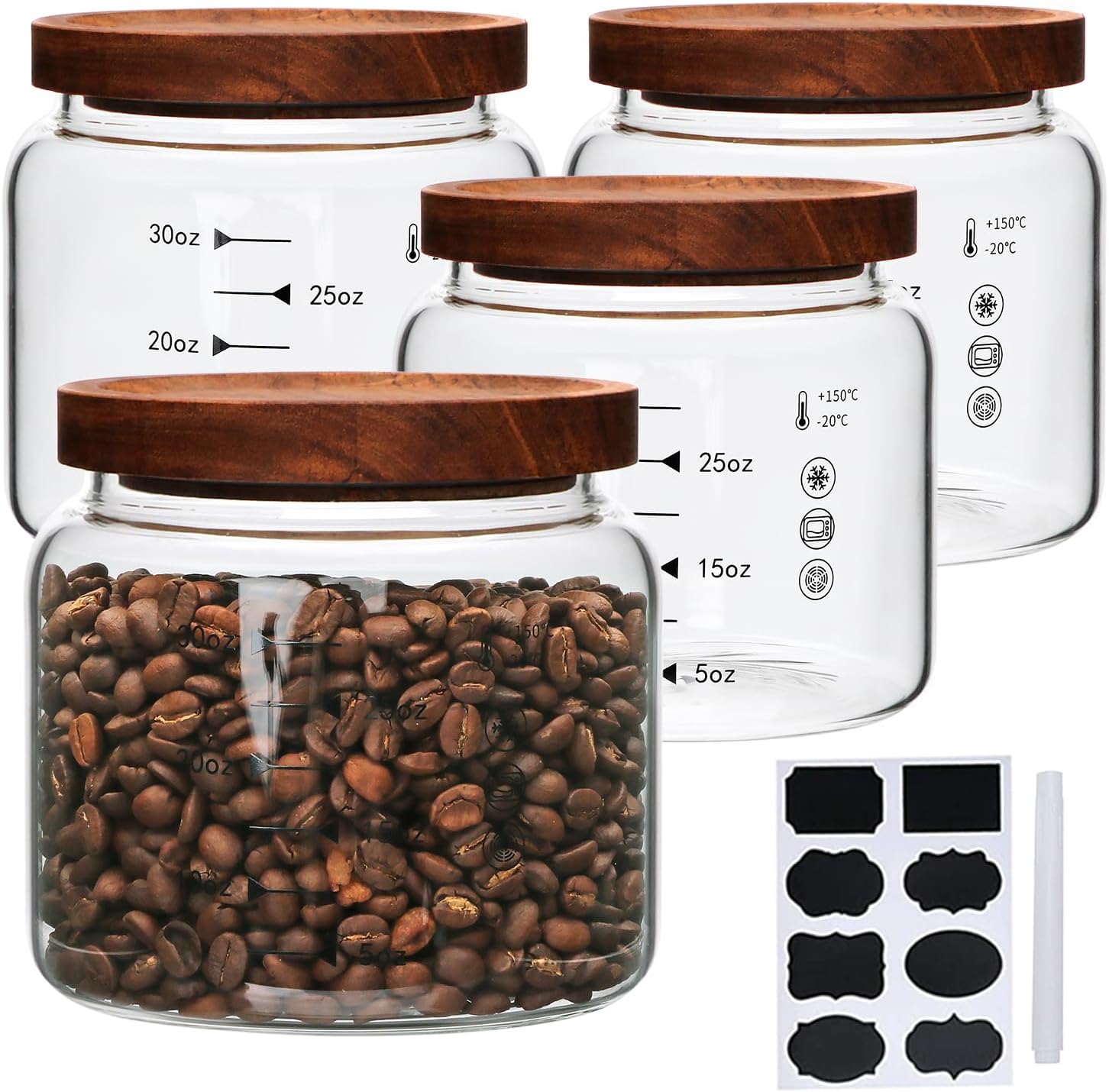 Glass Jars,Set of 4 Glass Food Storage Containers with Wooden Lids,Clear Glass Canister Sets for Sugar,Tea,Coffee,Snack,Spice,Herbs(33 oz/ 1000 ml) 33oz-4pack