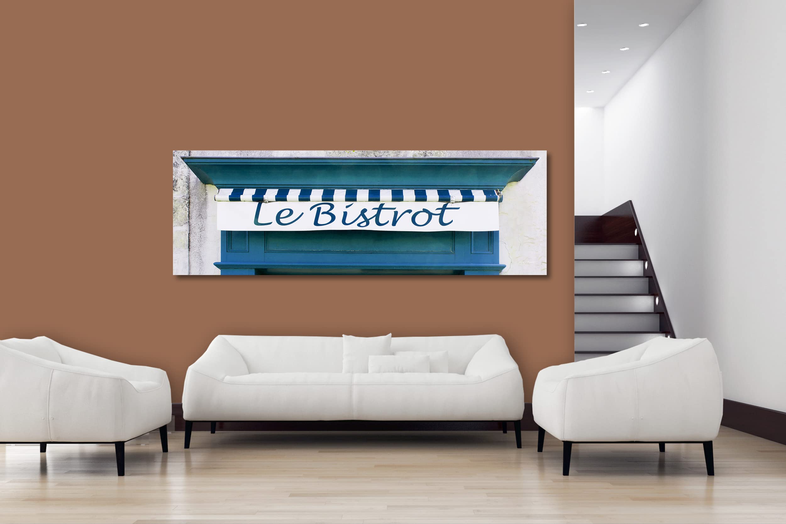 Glücksvilla - Bistrot blau (Leinwand-Bild 5 cm, 60 x 20 cm) | div. Maße - aus DE - Kunstdruck XXL Deko Wandbild quer - Bistro Restaurant Bar Frankreich Paris