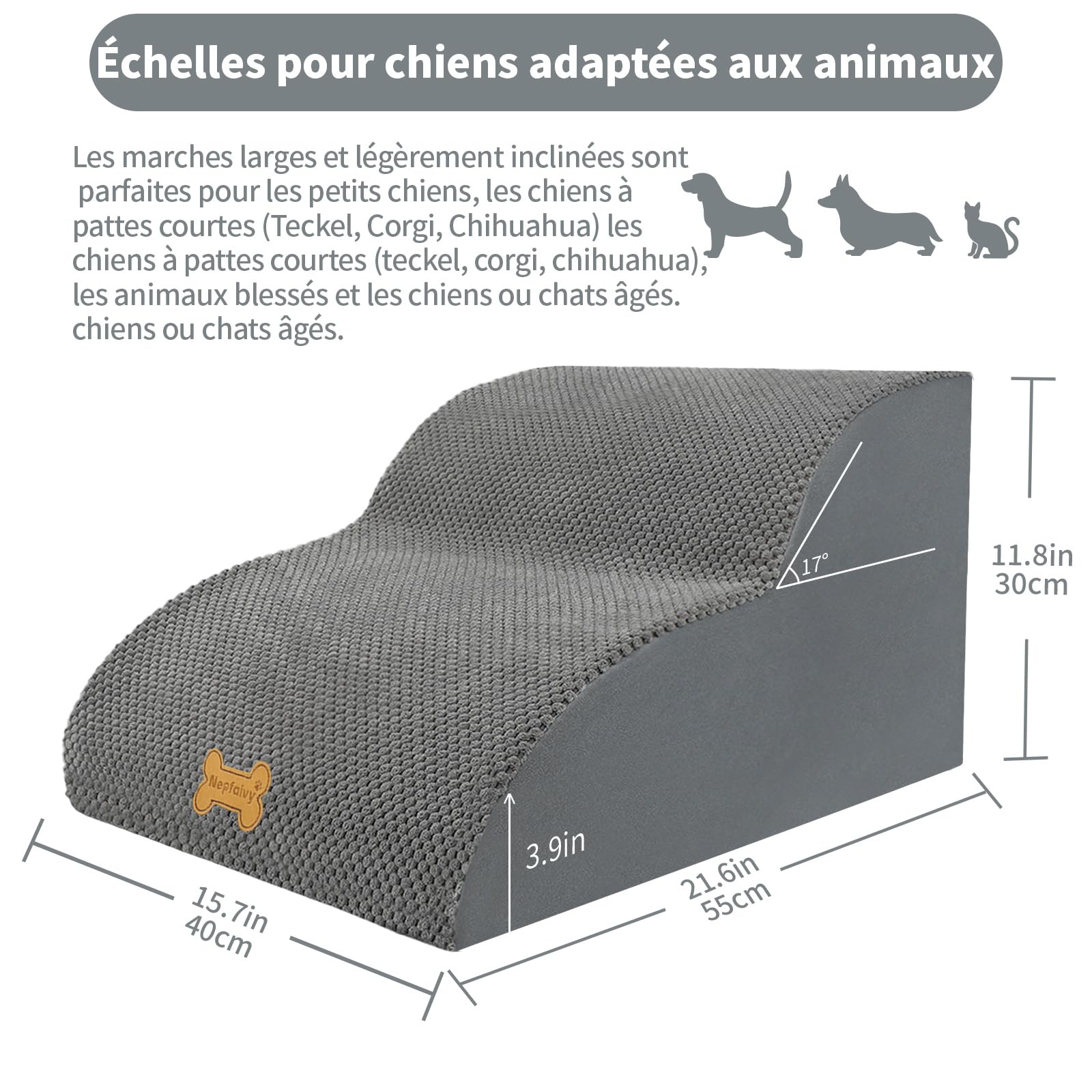 Escalier pour Chien à 2 Marches - Rampe en Mousse Haute Densité avec Housse Amovible et Fond Antidérapant, 55x40x30cm