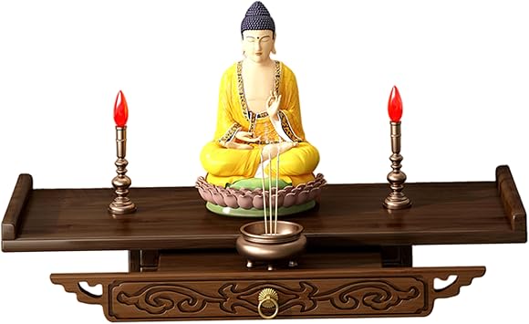 Wall Altar, Wooden Prayer Table Thickened Altar Shelf with Drawer Wall Shelf for Statues Candles Worship Offerings, 15x10inch