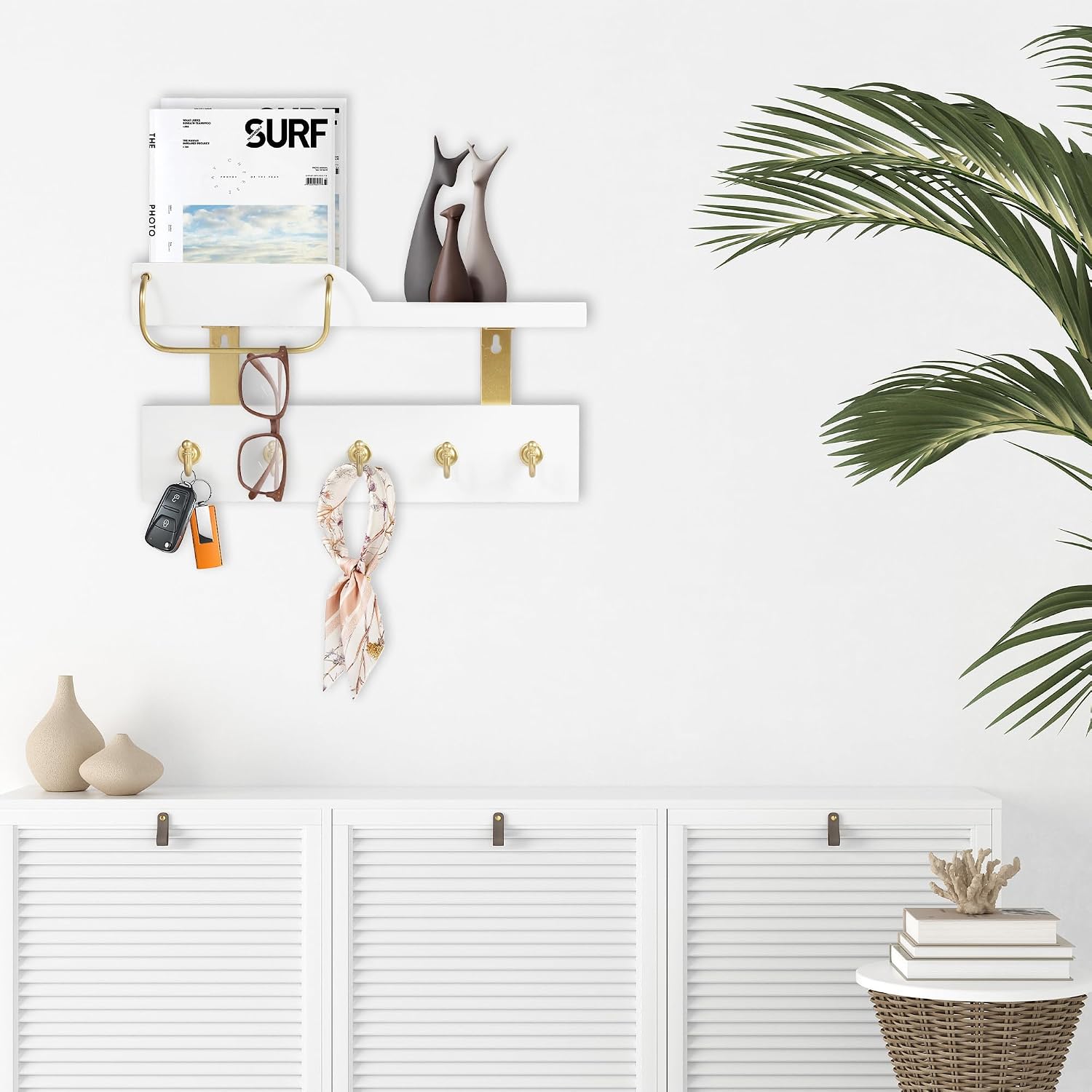 Tirzah Key Holder Wall Mount 2-Tier Real Wood White Entryway Organizer Floating Shelf with 5 Gold Metal Hooks, Sunglasses Holder Bar, Guard Rail for Keys, Mails, Hats (14" × 6" × 4")