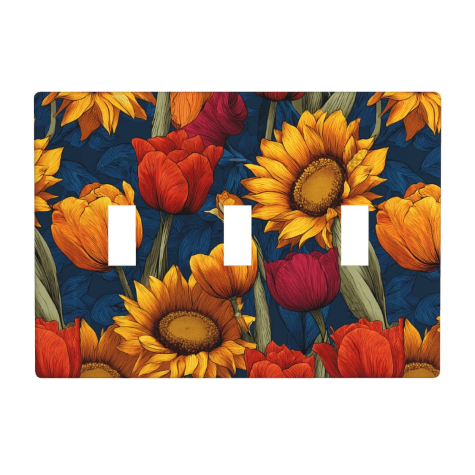 Woshuwo White Tulip Flowers Sunflowers Light Switch Covers 3 Gang Triple Toggle Wall Plate Switchplate Electrical Faceplate For Bathroom Kitchen Bedroom Decor