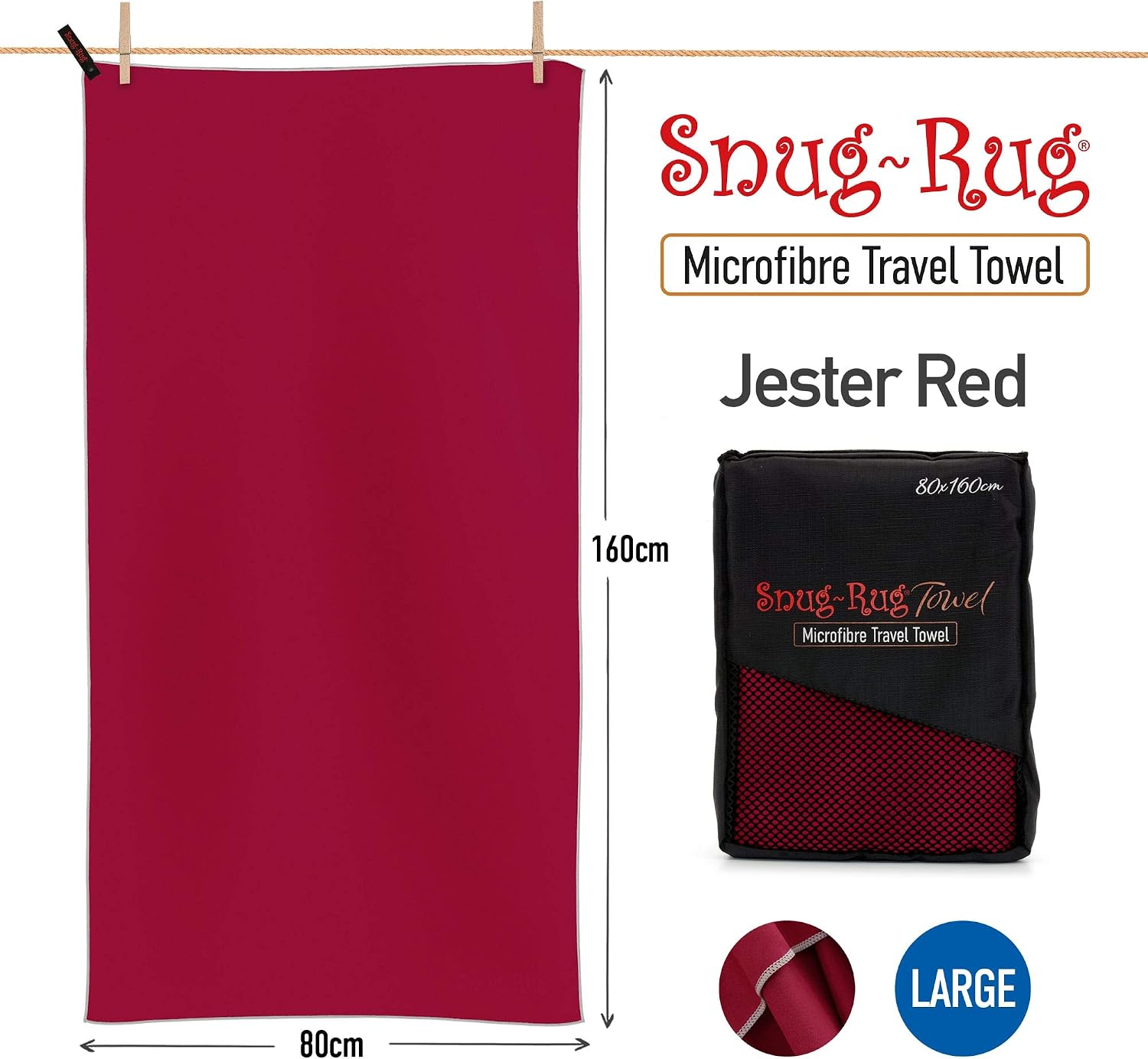 Snug Rug Microfibre Beach Towel Large 80 x 160cm - Super Absorbent Quick Drying Lightweight Sand Proof Beach Towels Jester Red - Image 4