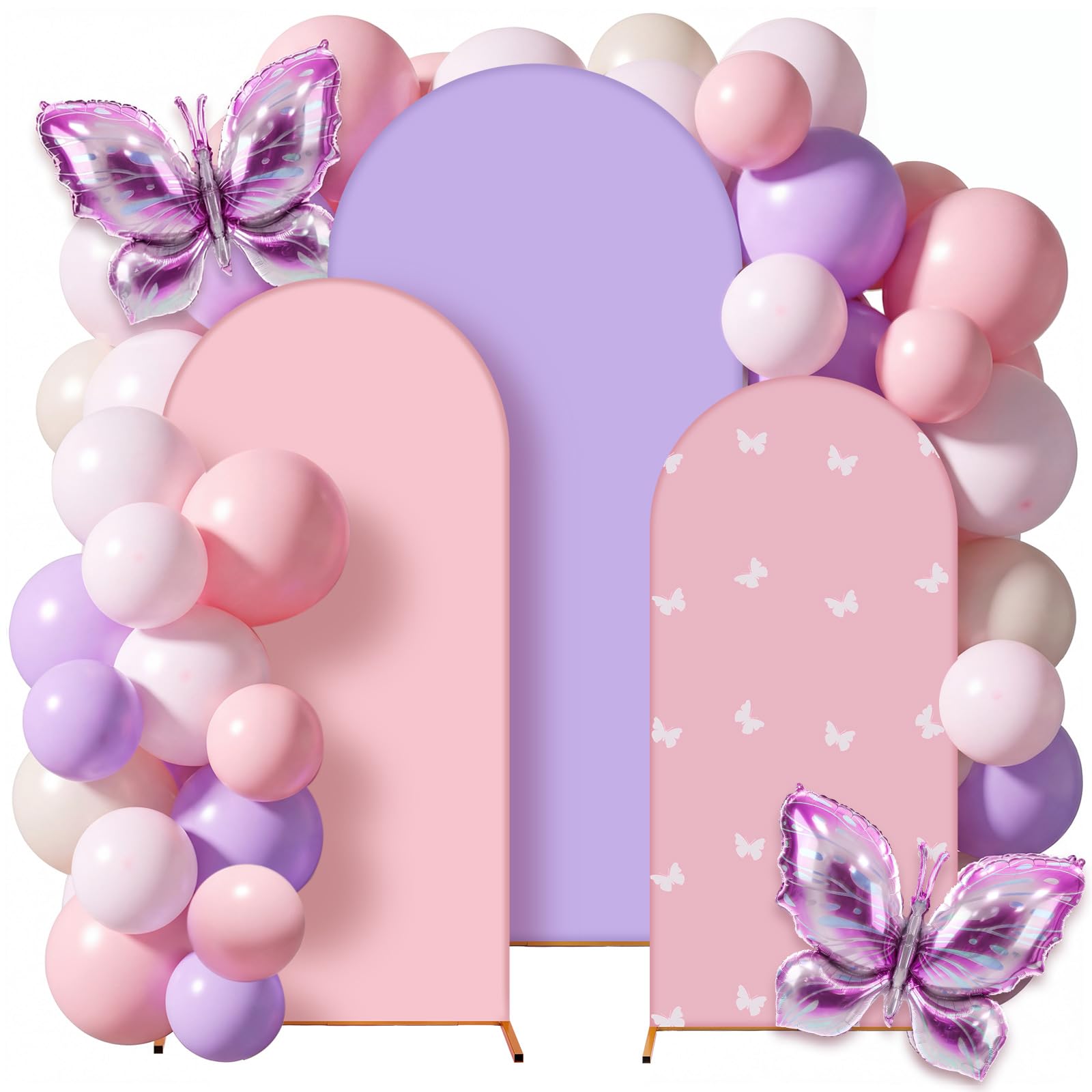 Foilswirl Schmetterlingsbogen-Hintergrundabdeckungen, 1,2 m, 1,5 m, 1,8 m, Schmetterlings-Ballonbogen-Set, 34-teilig, Geburtstagsparty-Dekorationen, rosa und violette Luftballons