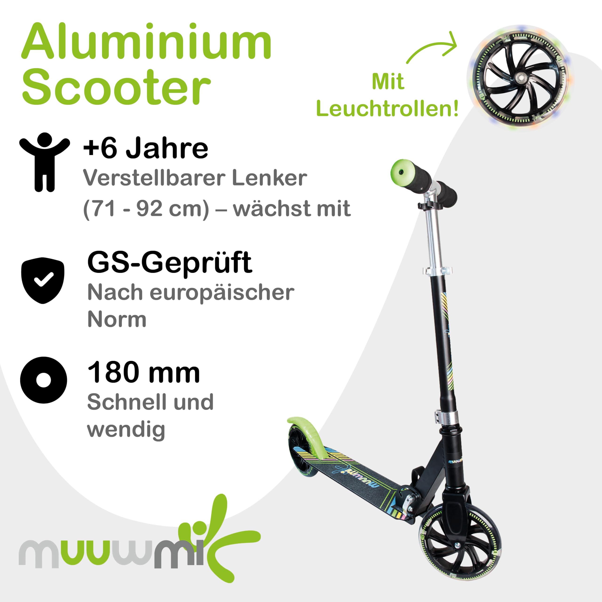 Muuwmi Lights Aluminium Scooter - Höhenverstellbarer Lenker - Geeignet für Kinder - GS-Zertifiziert - Bis zu 100 kg - mit Leuchtrollen - Tretroller in grün-schwarz
