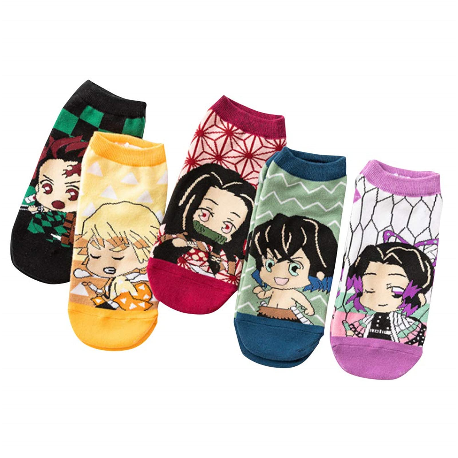 PEJPYMC Demon Slayer Socks Anime Ankle Socks, 5 Pairs Casual Cotton Kimetsu No Yaiba Kamado Tanjirou Nezuko Socks for Women Men Teenagers, Multicolor, One Size