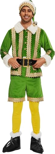 Boveco Elf Costume for Men 6 PCS Christmas Outfit Adult Santa Helper Suit Holida