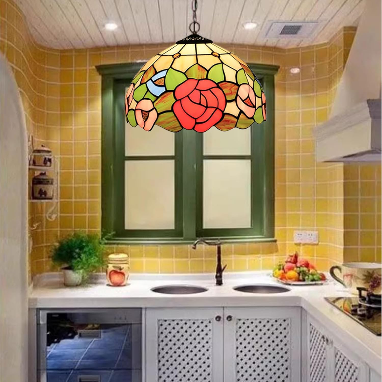 Tiffany Lamp Shade Replacement 12 Inch Rose Pattern Stained Glass Lampshades Only with Cap Red Pink Blue Green Cream Vintage Light Cover for Table Lamp Pendant Light Ceiling Fixture