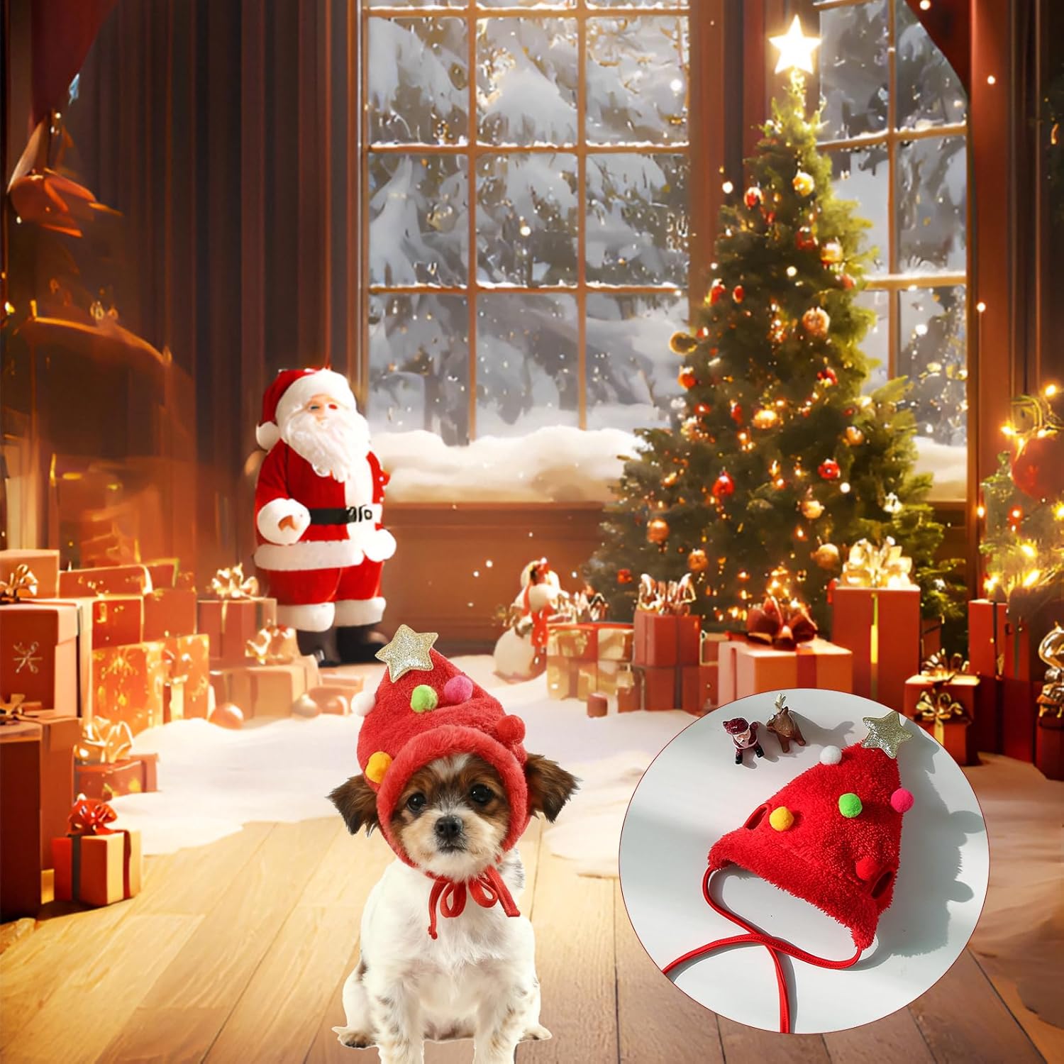 Zephyra Red Christmas Hat for Dogs Cats 4-7.5kg Christmas Hat with Pom Poms for Pets, Adjustable Accessory for Puppies and Kittens, Pet Festive Costume 6