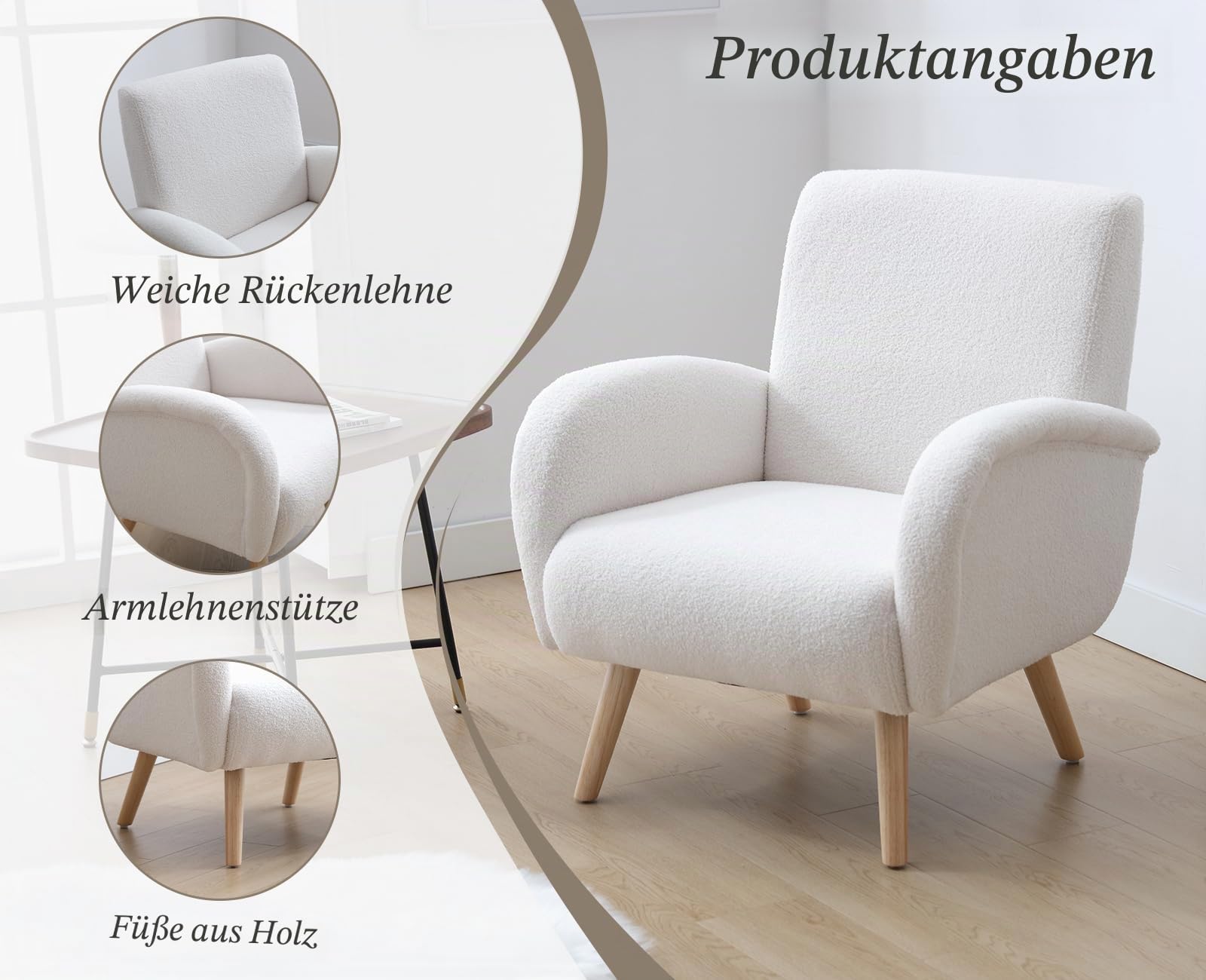 chairus Kunstfell Loungesessel Ohrensessel für Wohnzimmer Polstersessel Einzelsofa für Schlafzimmer Akzentstuhl Relaxsessel mit Holzbeinen (Weiß)