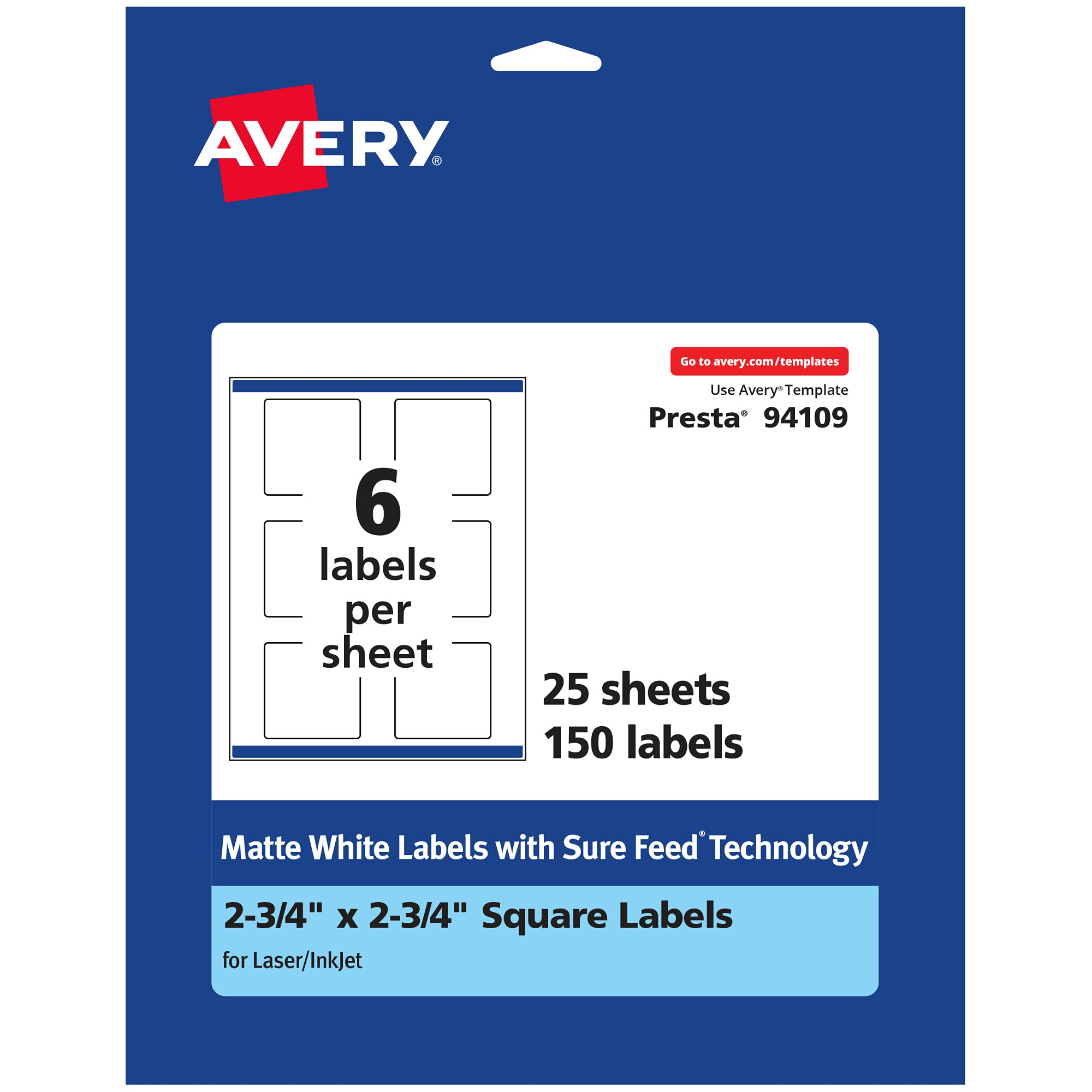 Avery Matte White Square Labels, Sure Feed Technology, 2.75" x 2.75", 150 Matte White Printable Labels