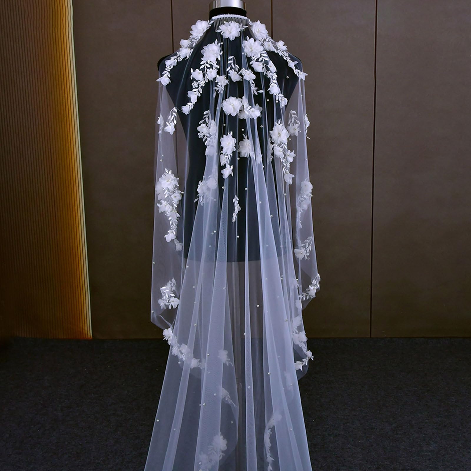 Koronkowy welon, suknia ślubna panny młodej, welon Welon ślubny 3D Flowers z perłami Welony ślubne Luksusowy welon ślubny Długi stylowy grzebień do włosów dla panny młodej(200cm)