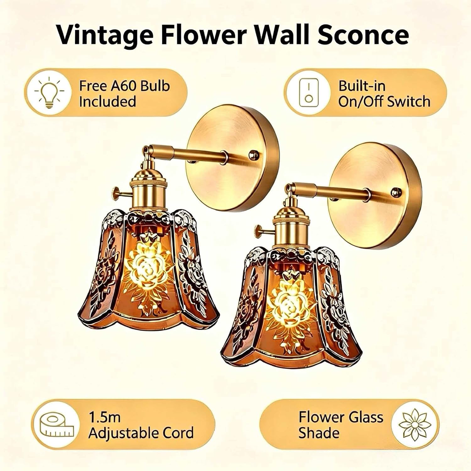 Vintage Wall Sconces Set of 2 with Amber Embossed Floral Glass Lampshade, 180 Degree Adjustable Brass Sconces, Hardwired Modern Wall Lighting with Switch for Bedside, Bedroom, Doorway