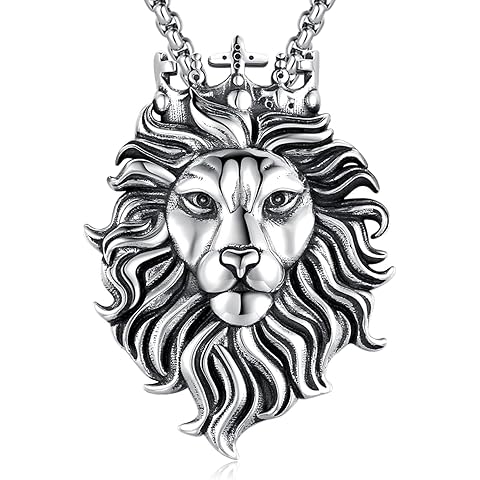 Cuoka Lion Necklace for Men Women S925 Sterling Silver King Retro Punk Gothic Hip Hop Rock Animal Lion Head Pendant Charm Jewelry Chain Necklace Viking Protection Amulet Necklaces